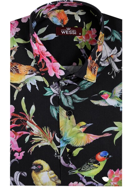 Siyah Büyük Çiçek Desenli Slim Fit Uzun Kollu Gömlek indirimleri