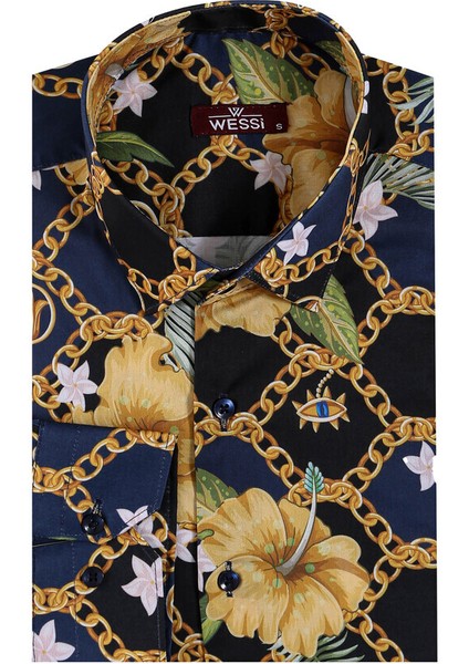 Lacivert Sarı Çiçek Desenli Slim Fit Uzun Kollu Gömlek