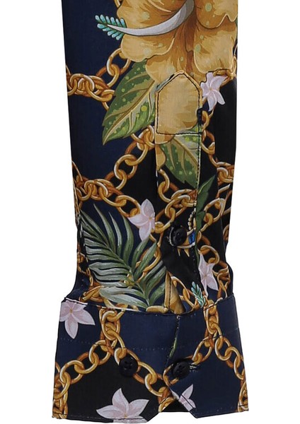 Lacivert Sarı Çiçek Desenli Slim Fit Uzun Kollu Gömlek fiyatları