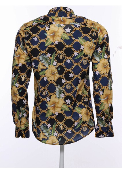 Lacivert Sarı Çiçek Desenli Slim Fit Uzun Kollu Gömlek modelleri