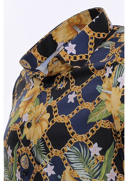 Lacivert Sarı Çiçek Desenli Slim Fit Uzun Kollu Gömlek fırsatları
