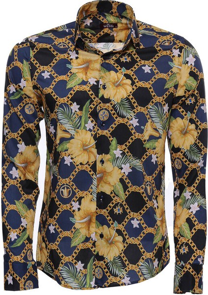 Lacivert Sarı Çiçek Desenli Slim Fit Uzun Kollu Gömlek indirimleri
