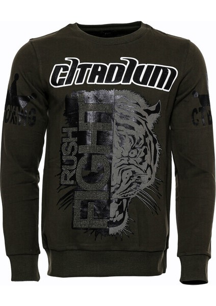 Yeşil Baskılı Taşlı Bisiklet Yaka Sweatshirt