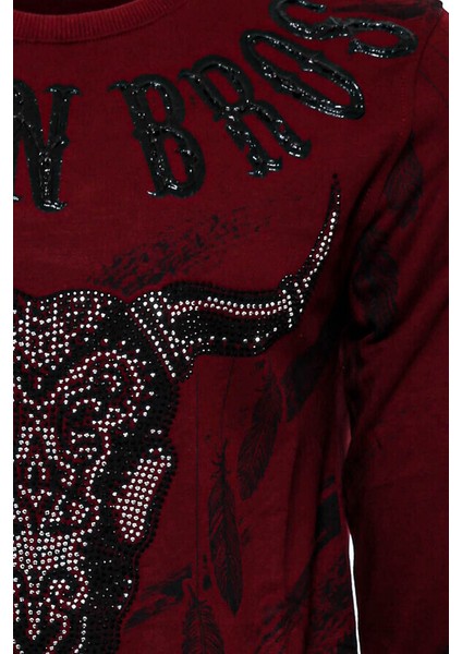 Bordo Taşlı Baskılı Bsiklet Yaka Sweatshirt fiyatları