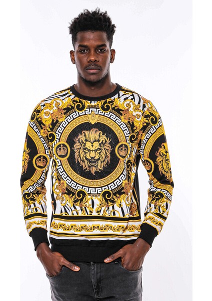 Siyah Üzerine Taşlı Baskılı Bisiklet Yaka Sweatshirt