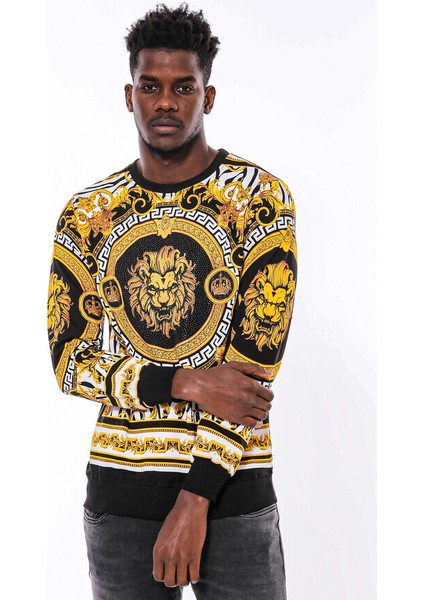 Siyah Üzerine Taşlı Baskılı Bisiklet Yaka Sweatshirt modelleri