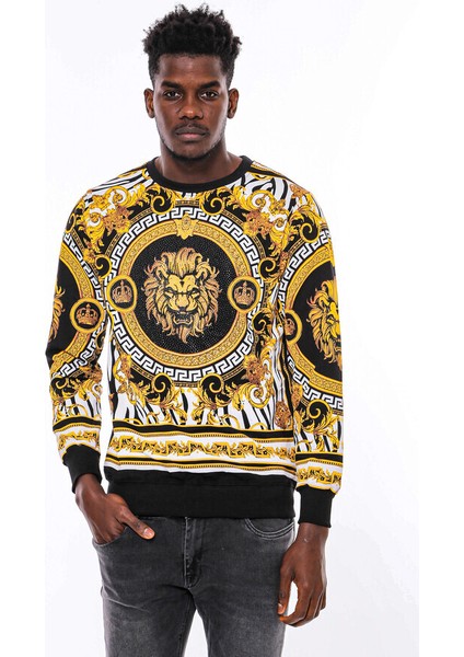 Siyah Üzerine Taşlı Baskılı Bisiklet Yaka Sweatshirt indirimleri