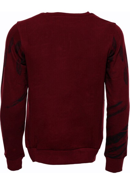 Bordo Taşlı Baskılı Bsiklet Yaka Sweatshirt