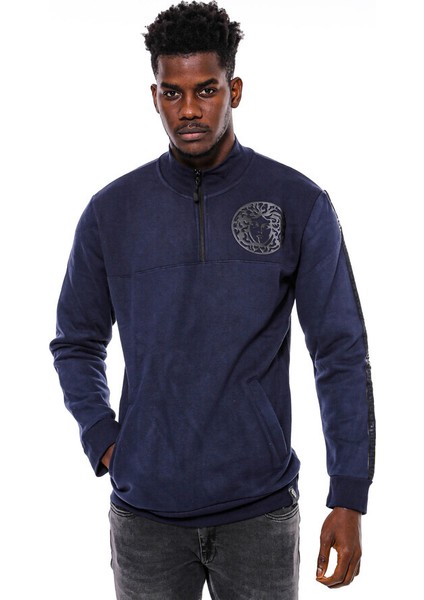 Lacivert Fermuarlı Baskılı Sweatshirt