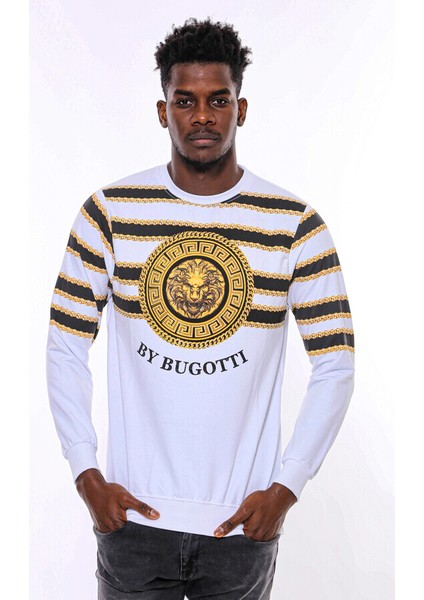 Beyaz Baskılı Taşlı Bisiklet Yaka Sweatshirt