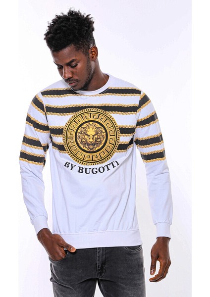 Beyaz Baskılı Taşlı Bisiklet Yaka Sweatshirt modelleri