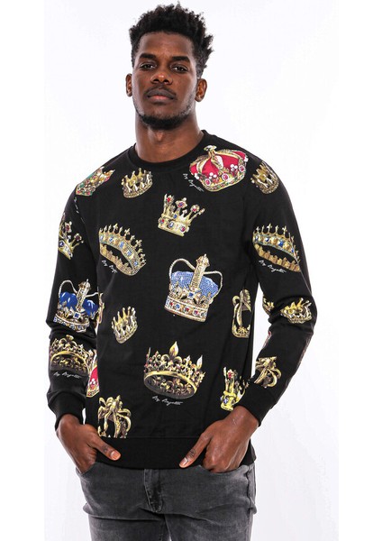 Siyah Bisiklet Yaka Taşlı ve Baskılı Sweatshirt