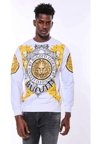 Beyaz Baskılı ve Taşlı Bisiklet Yaka Sweatshirt