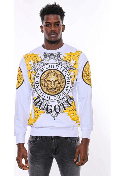 Beyaz Baskılı ve Taşlı Bisiklet Yaka Sweatshirt