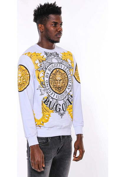 Beyaz Baskılı ve Taşlı Bisiklet Yaka Sweatshirt