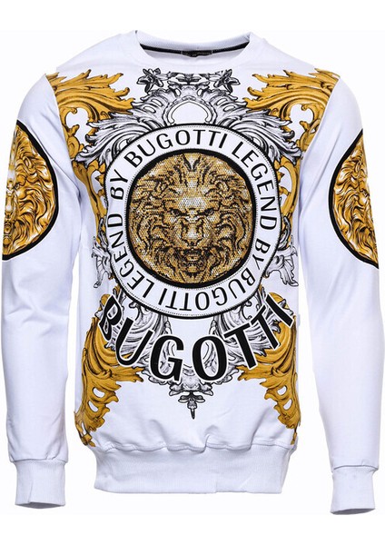 Beyaz Baskılı ve Taşlı Bisiklet Yaka Sweatshirt