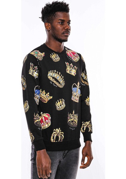 Siyah Bisiklet Yaka Taşlı ve Baskılı Sweatshirt modelleri