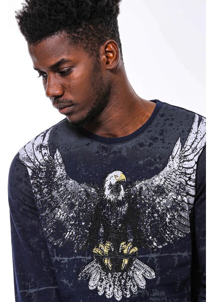 Lacivert Taşlı Desenli Sweatshirt