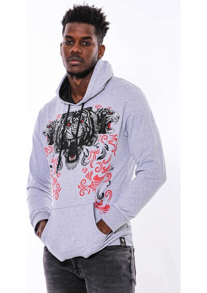 Gri Taşlı Baskılı Kapşonşlu Sweatshirt fırsatları
