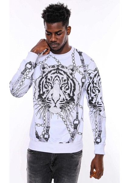Beyaz Baskılı ve Taşlı Bisiklet Yaka Sweatshirt