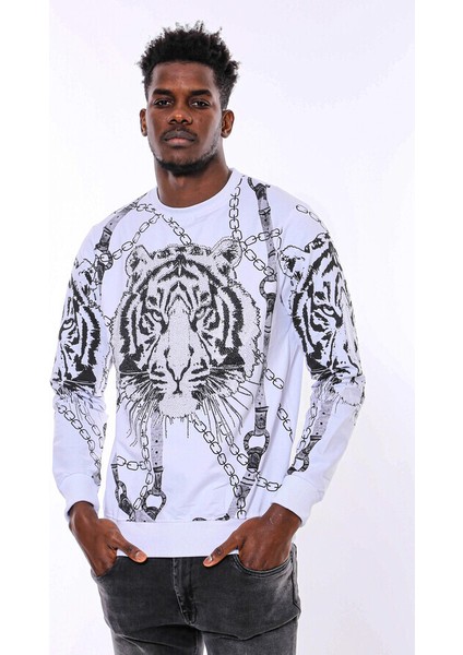 Beyaz Baskılı ve Taşlı Bisiklet Yaka Sweatshirt