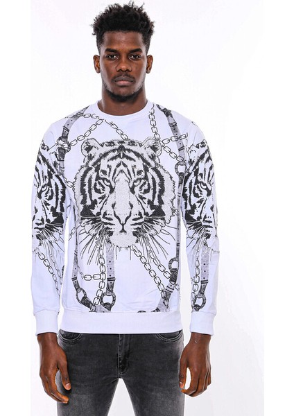 Beyaz Baskılı ve Taşlı Bisiklet Yaka Sweatshirt