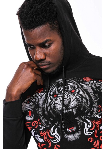Siyah Kapşonlu Baskılı Sweatshirt modelleri