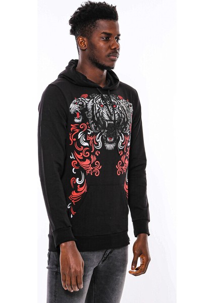 Siyah Kapşonlu Baskılı Sweatshirt indirimleri