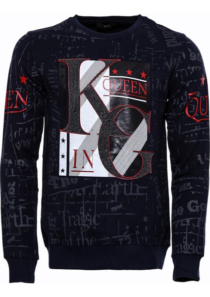 Lacivert Taşlı Desenli Sweatshirt