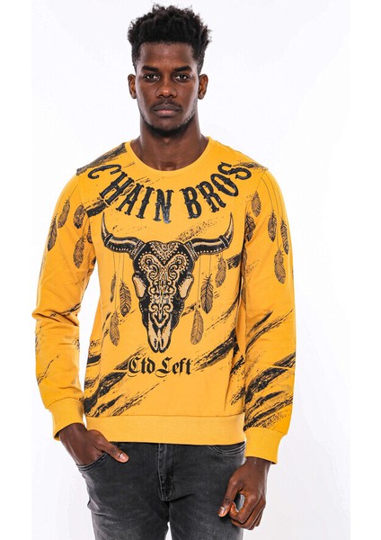 Hardal Baskılı Taşlı Bisiklet Yaka Sweatshirt
