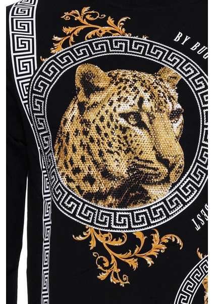 Siyah Taşlı Desenli Sweatshirt