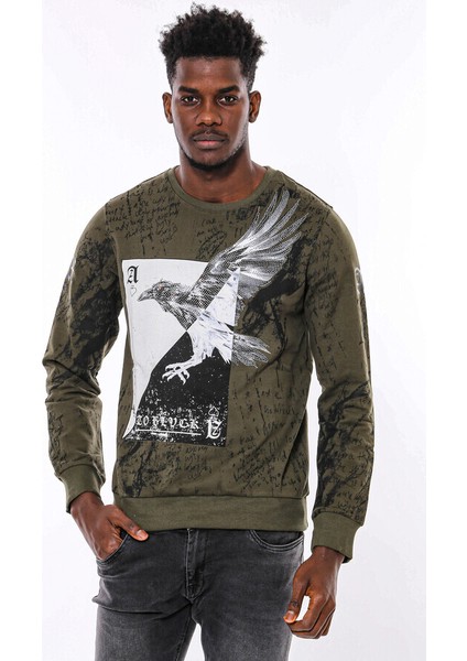 Yeşil Baskılı Taşlı Bisiklet Yaka Sweatshirt