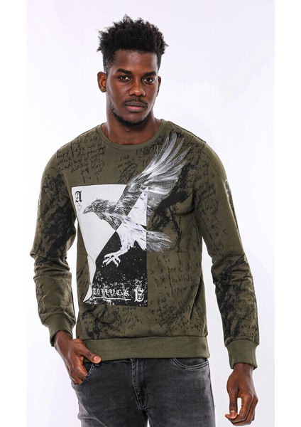 Yeşil Baskılı Taşlı Bisiklet Yaka Sweatshirt modelleri