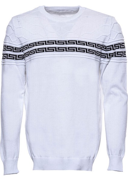 Beyaz Üzerine Desenli Bisiklet Yaka Triko