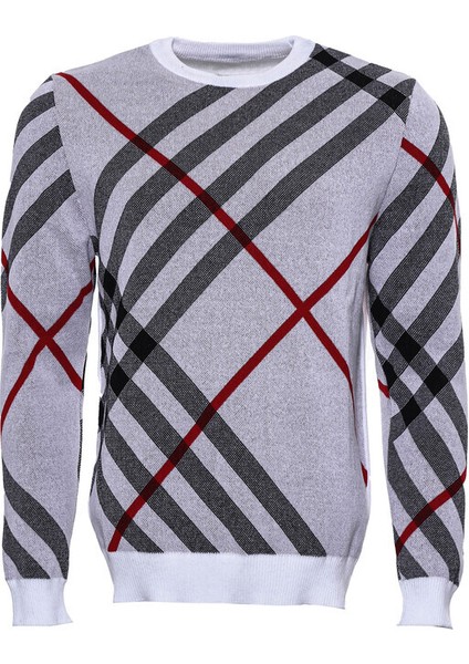 Beyaz Desenli Bisiklet Yaka Triko