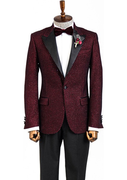 Bordo Üzerine Siyah Desenli Simli Damatlık Ceket