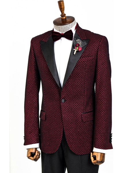Bordo Üzerine Siyah Desenli Simli Damatlık Ceket