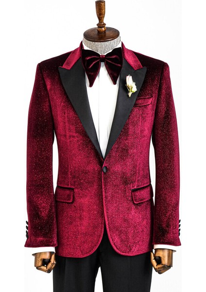 Bordo Simli Slimfit Damatlık Ceket