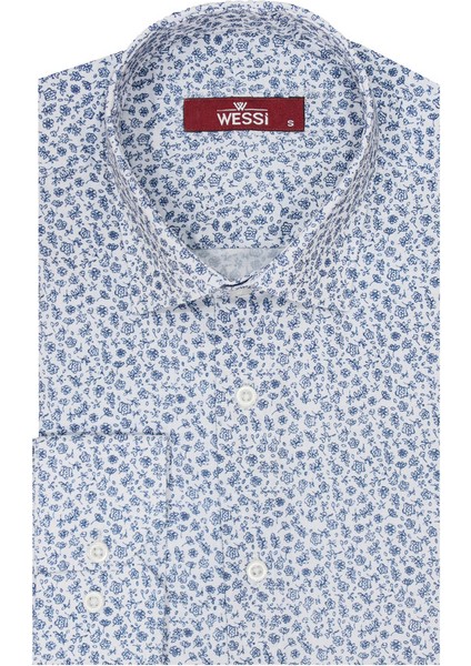 Beyaz Üzerine Mavi Çiçek Desenli Slim Fit Gömlek