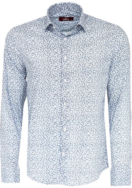 Beyaz Üzerine Mavi Çiçek Desenli Slim Fit Gömlek fiyatları