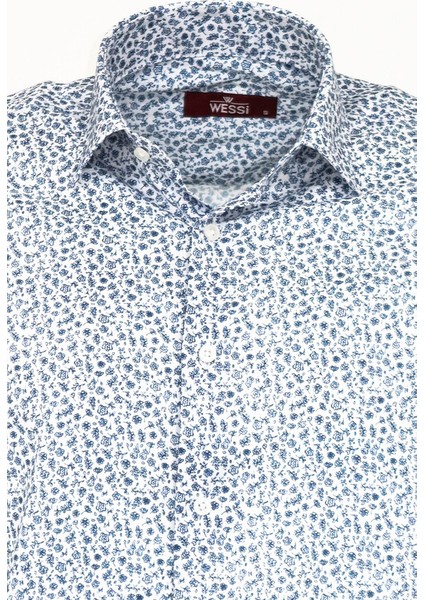 Beyaz Üzerine Mavi Çiçek Desenli Slim Fit Gömlek modelleri