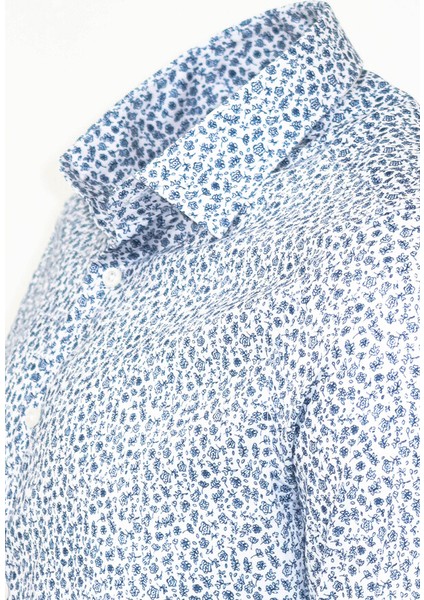 Beyaz Üzerine Mavi Çiçek Desenli Slim Fit Gömlek fırsatları
