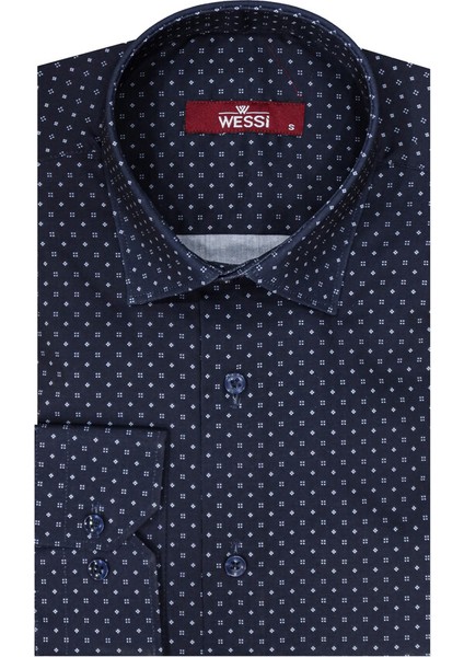 Lacivert Desenli Slim Fit Gömlek