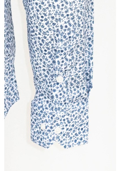Beyaz Üzerine Mavi Çiçek Desenli Slim Fit Gömlek indirimleri