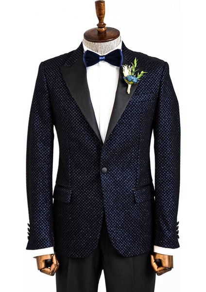 Lacivert Üzerine Siyah Desenli Simli Damatlık Ceket