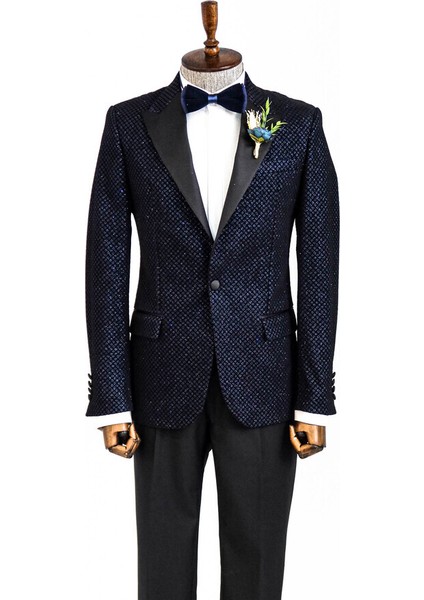 Lacivert Üzerine Siyah Desenli Simli Damatlık Ceket modelleri