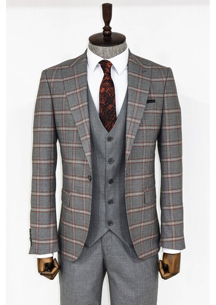 Ekose Desenli Gri Slim Fit Takım Elbise