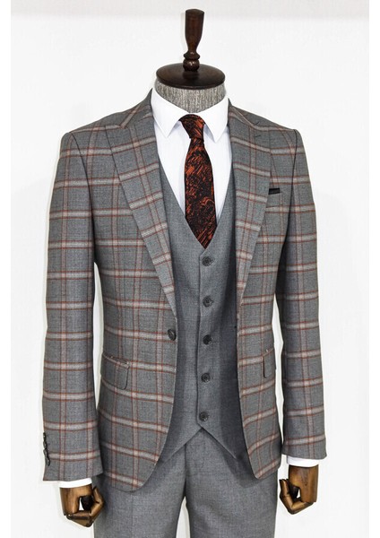 Ekose Desenli Gri Slim Fit Takım Elbise