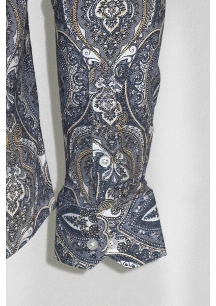 Damask Desenli Mavi Slim Fit Gömlek modelleri