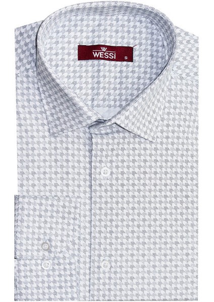 Beyaz Kaz Ayağı Desenli Slim Fit Gömlek